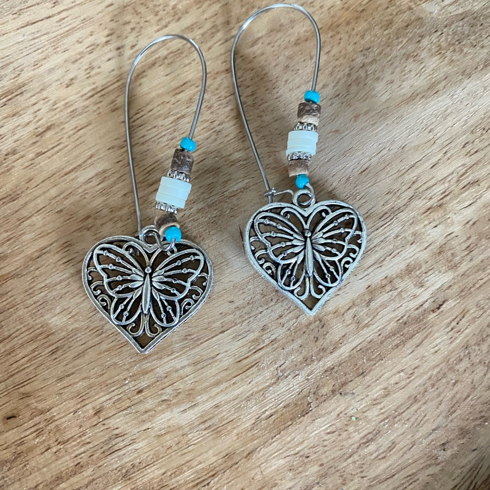 Silver Filigree heart and butterfly earrings with French drop closure